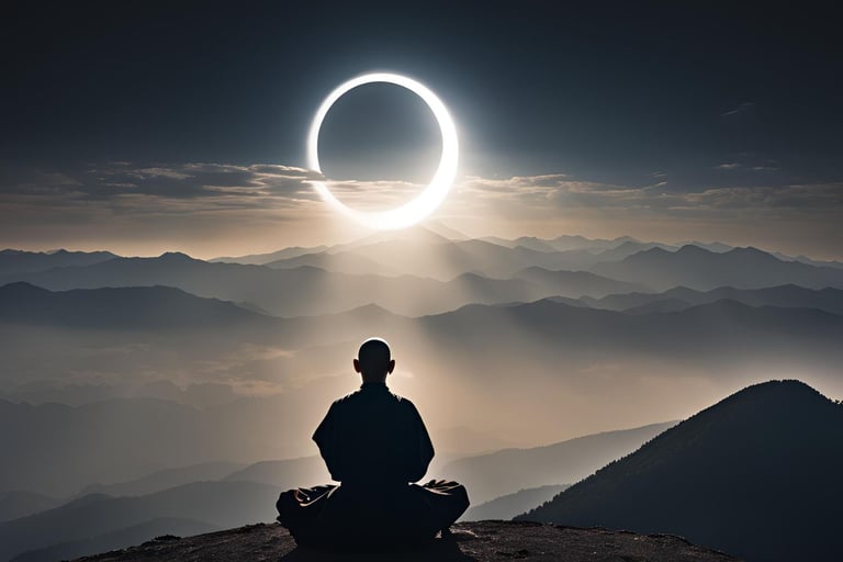 homme qui medite face a une eclipse de soleil sur une montagne, bien-etre, retour a soi,  magnetiseur nantes chrsophe meunier