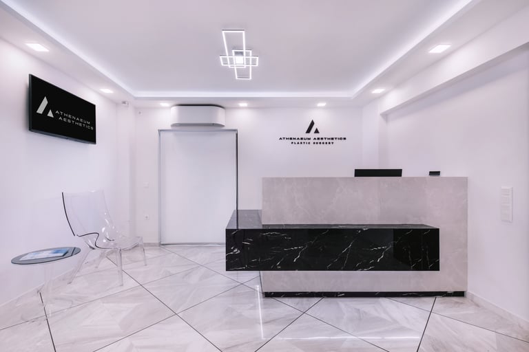 Elegant front office reception area at Athenaeum Aesthetics clinic in Vouliagmeni, Athens