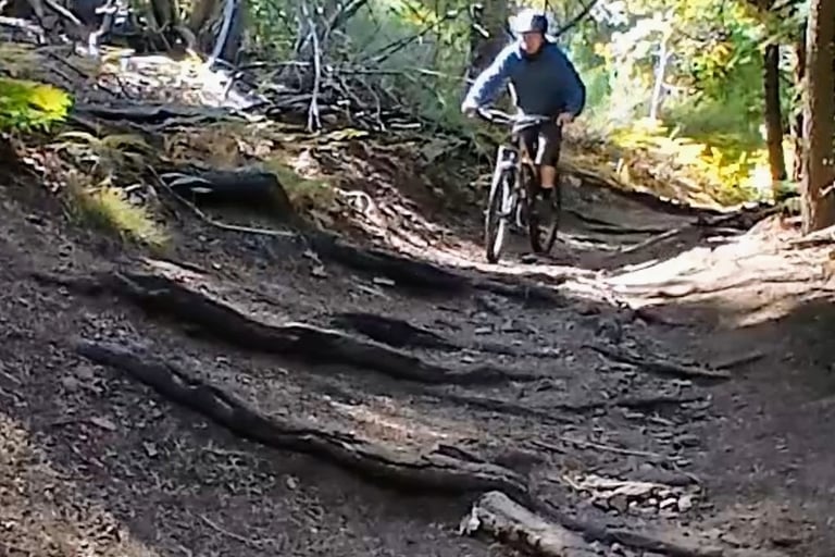 mountain biker about to ride over roots