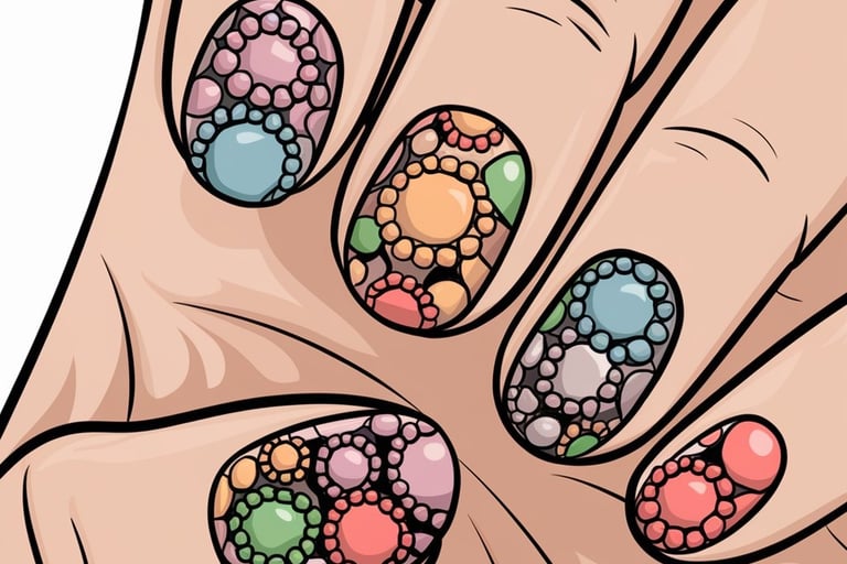 a illustrated hand with clusters of dot art on the finger nails