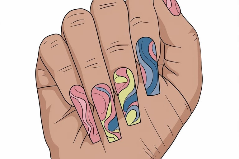  hand with 3 color swirl art on the finger nails