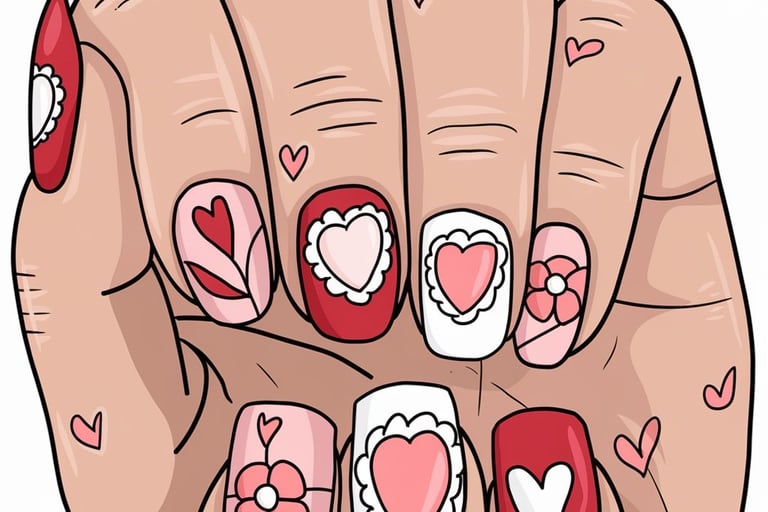 a woman's hand painted nails with hearts on them