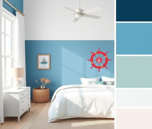 a bedroom with a bed and a ceiling fan