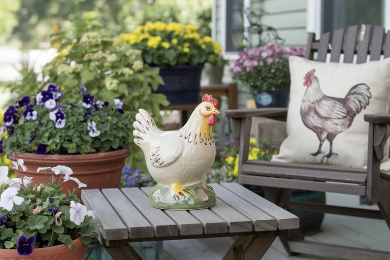 A front porch styled with a small wooden table holding a ceramic chicken figurine, surrounded by fl