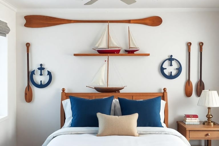 a nautical bedroom with Sailboat Models and Wooden Oars
