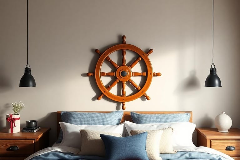 a nautical bedroom with a bed and a wooden ship wheel