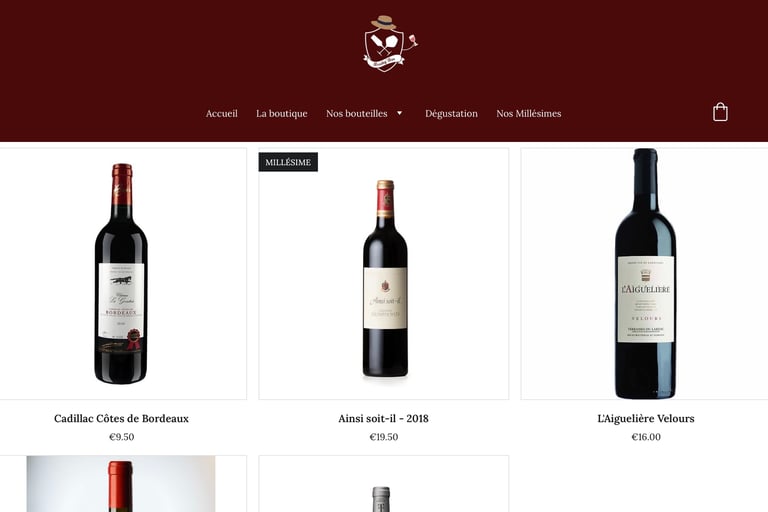 a wine shopfront page with a wine bottle of wine
