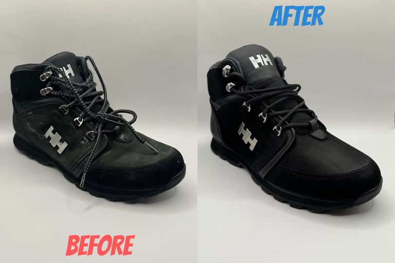 KicksReboot did a deep renovation of Helly Hansen Koppervik, dyeing suede, comparison of shoes before and after the process