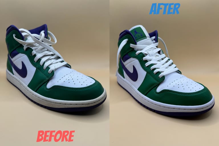KicksReboot carried out a basic cleaning of Jordan 1 Incredible Hulk, comparison of shoes before and after the process