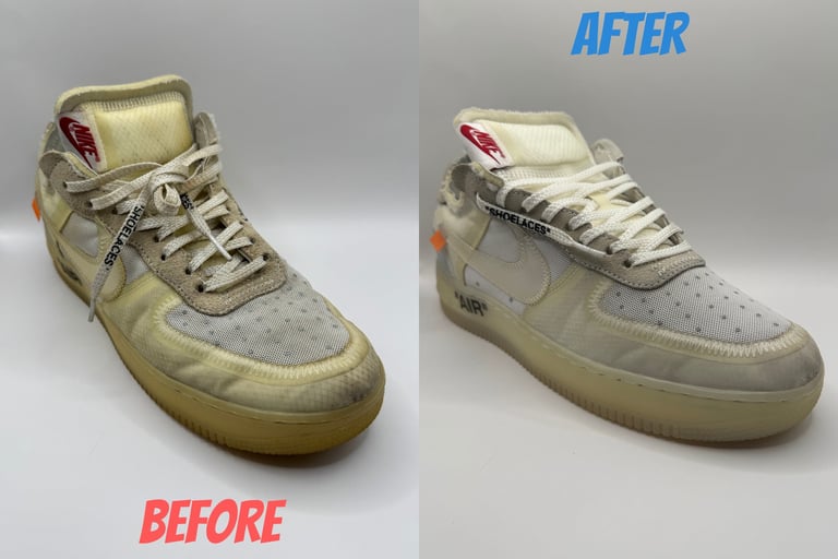 KicksReboot performed a renovation very rare Nike Air Force 1 Off-White, comparison of shoes before and after the process
