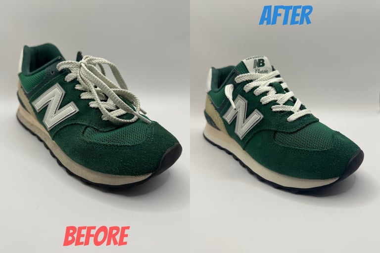 KicksReboot carried out a basic cleaning of New Balance 574, comparison of shoes before and after the process