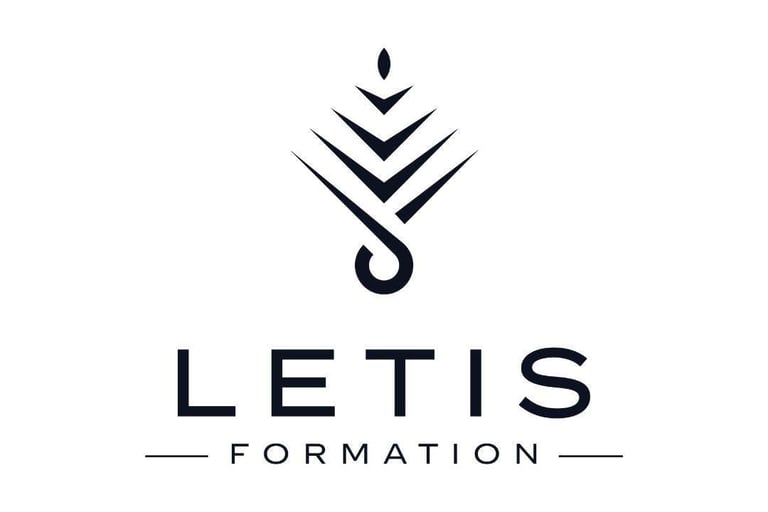 Minimalist black Letis Formation logo featuring a geometric stylized leaf and drop icon.