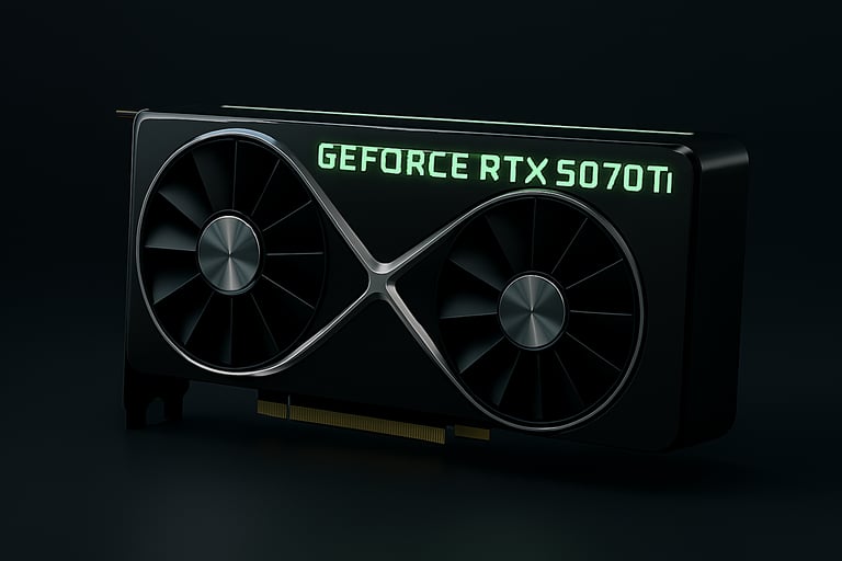 RTX 5070 Ti with silver X-frame and green lighting