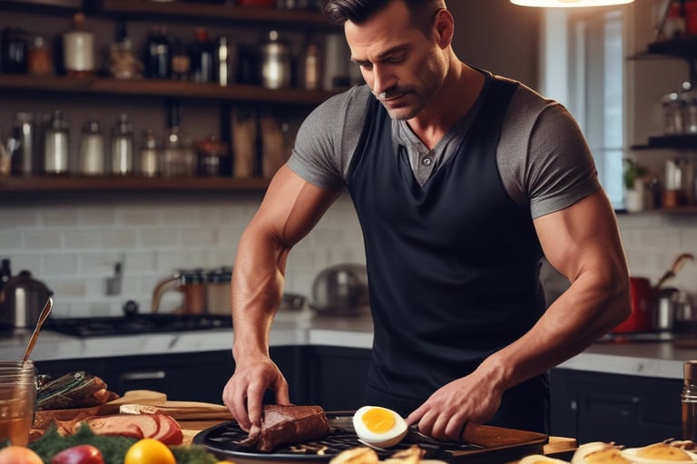 Man over 40 in modern kitchen preparing healthy food on a table. 