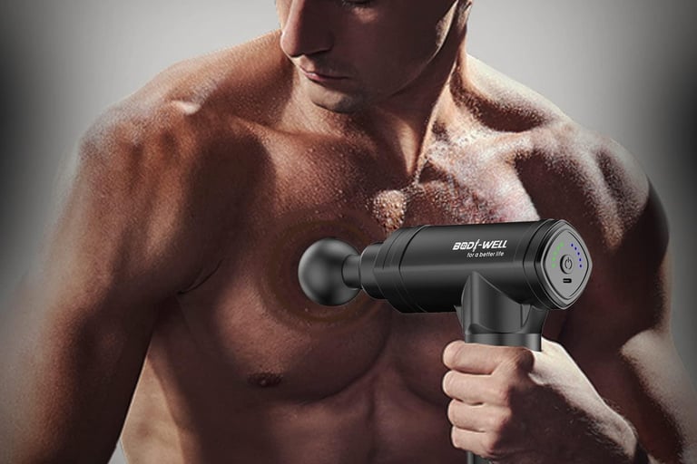 Man using a handheld percussion massage gun on his chest to relieve muscle tension and boost recover