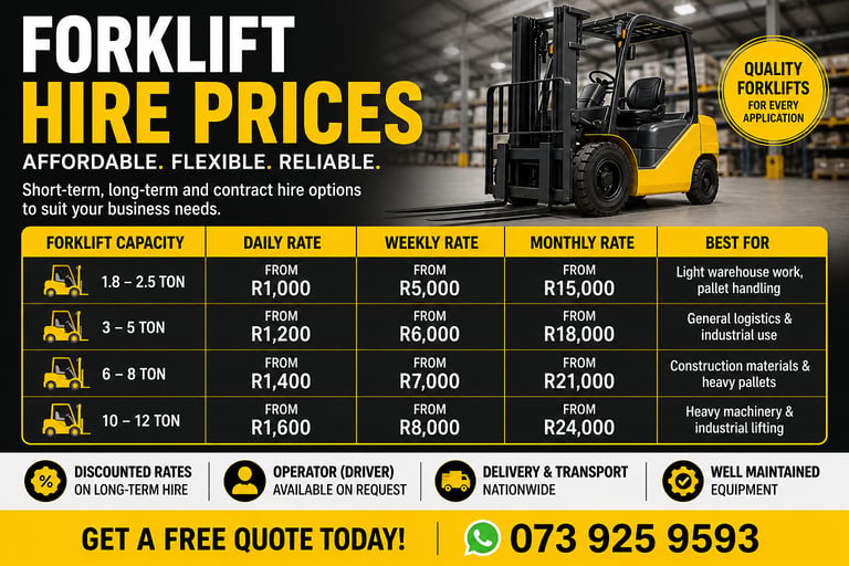 Forklift hire price list showing daily and monthly rental rates for industrial warehouse equipment.
