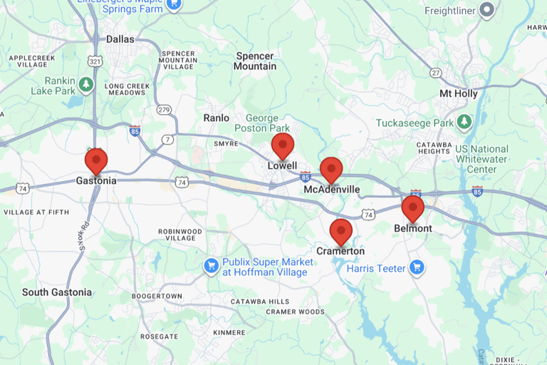 Service area, Gastonia, Belmont, Cramerton, Lowell, and McAdenville