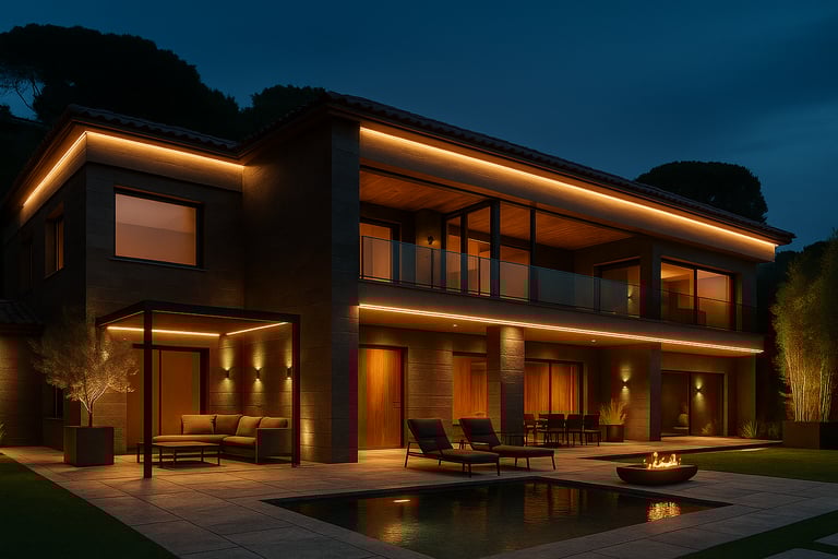 Diseño nocturno de vivienda rehabilitada con iluminación exterior en Sant Andreu de Llavaneres