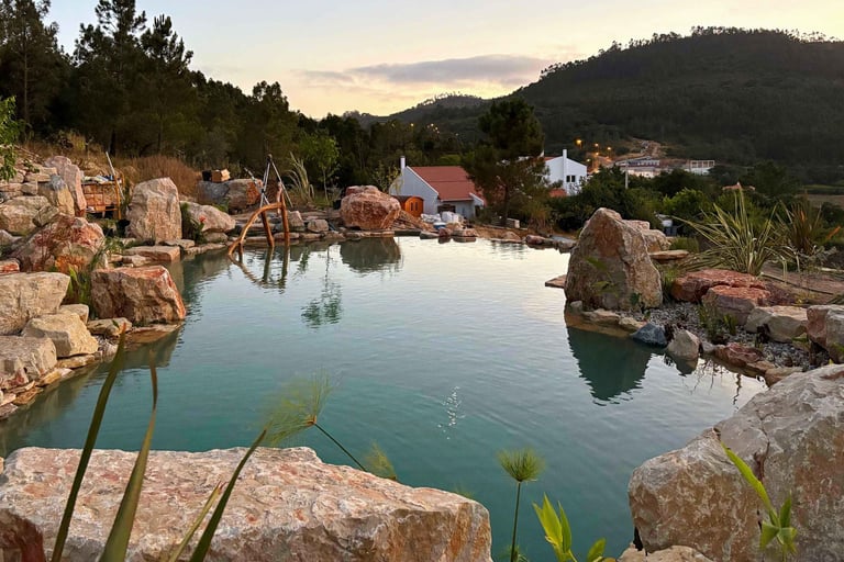 Limestone natural pool with plant filter, diving stone, infinity edge & wood railing | Lisbon, PT