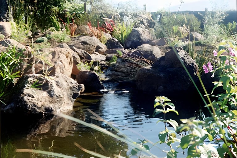 Natural stream & planted waterway for filtration flowing into naturalistic-style biopool | Aptos, Ca