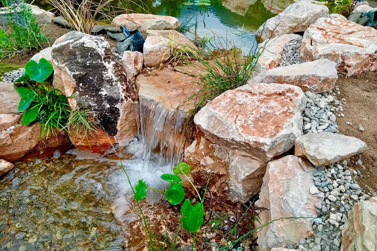 Upflow wetland filtration with limestone waterfall spilling into stream | Aqua Vitae natural pool