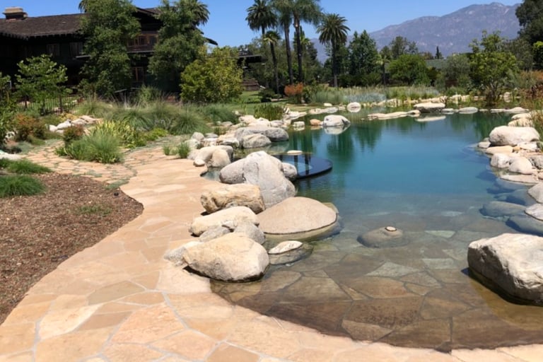 Natural swimming pool with integrated soaking tubs and biological plant filtration in Malibu, CA.
