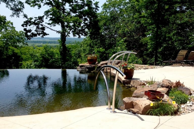 Modern bio pool with infinity edge, minimal plantings & advanced bio bead, UV & ozone filtration.