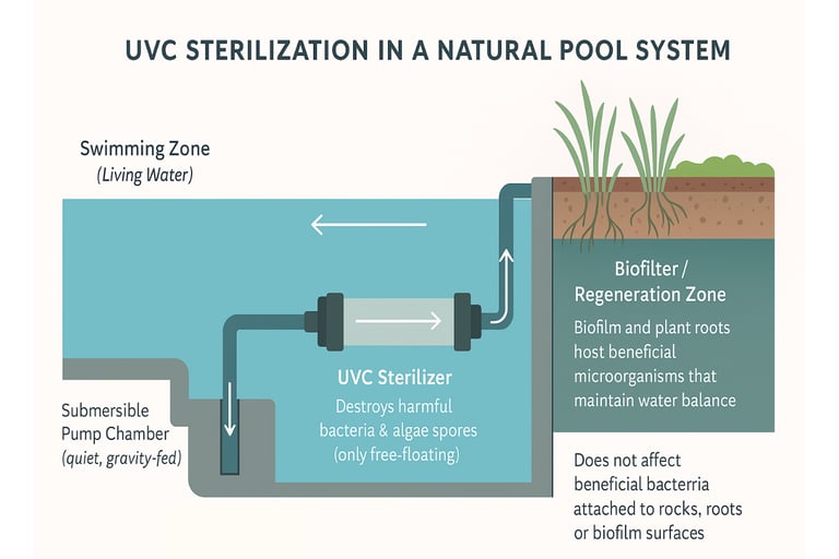 Diagram explaining UV sterilization process in a natural pool filtration system | Aqua Vitae