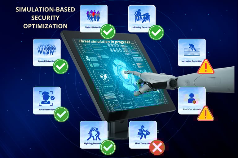 Simulation-based detection of threats using AI: object, face, intrusion, blacklist, fighting, and loitering