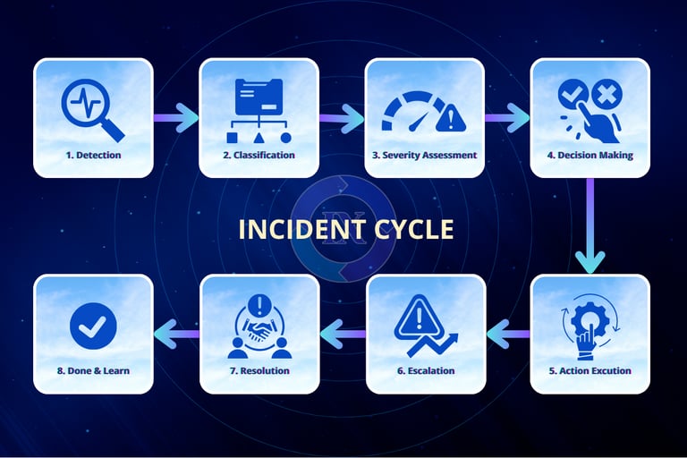 Eight-step incident cycle in IX.Sentix: detection, classification, decision-making, escalation, resolution