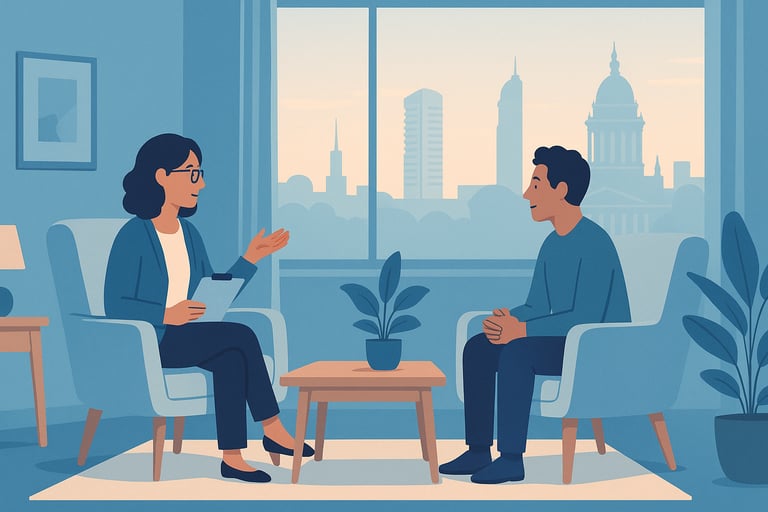 Flat-style illustration of a therapist and client talking in a calm counselling room, with the Leeds