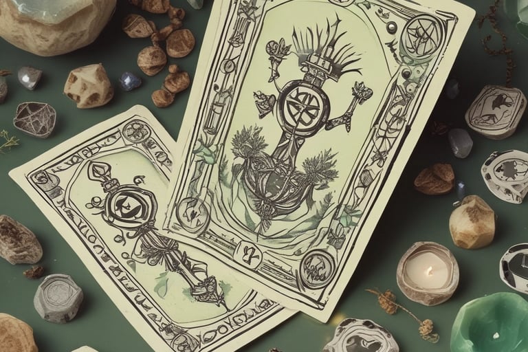 A variety of tarot and oracle cards are laid out on a brown fur rug, accompanied by a set of runes and coins. There's also a pendulum placed nearby. The items suggest a focus on mysticism and divination.