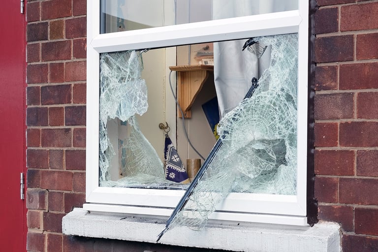 damaged glass in window due to break-in