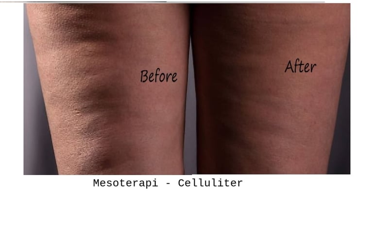 Mesoterapi före- och efterbild mot celluliter på lår med slätare hud efter 4 veckor