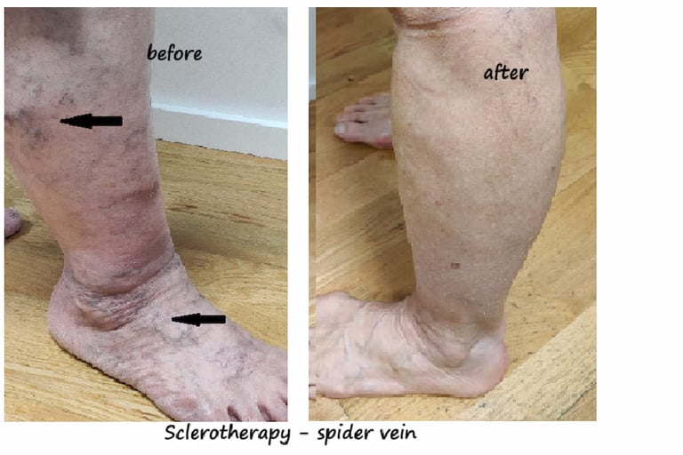 Ben med ådernät före och 6 veckor efter skleroterapi – tydlig minskning av spindelvener.