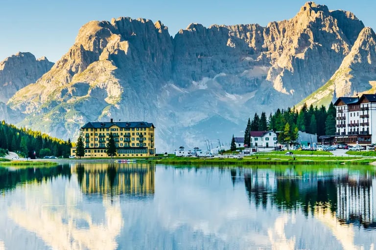 Morning reflections of Cadini di Misurina in Lake Misurina near the Sentiero Bonacossa trailhead.