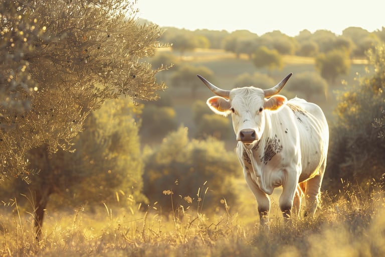 A young white bull amongst the olive trees on an Andalusian property