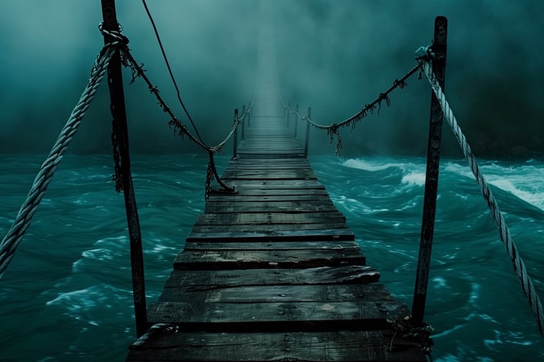 A wooden bridge over a body of water into a misty horizon