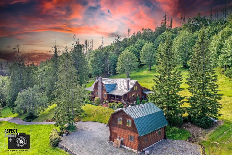 Drone Photography in Sultan Washington of a beautiful Log Built Home