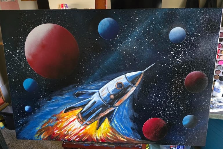 custom painting of a Rocketship in space