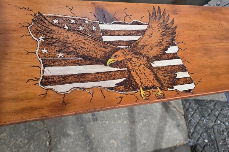 wood burned American flag and a bald eagle