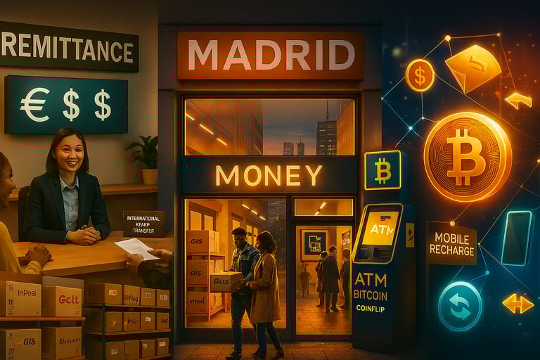 Collage panorámico de tienda multiservicio en Madrid con zona de envíos, remesas, móviles y Bitcoin