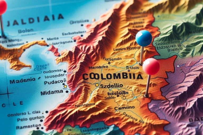 Un mapa de Colombia con marcadores de ubicación en Bogotá, Medellín y Cali.
