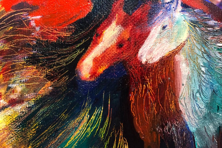 At the Threshold.Image of horses, oil on canvas