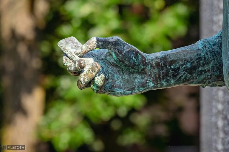 Close-up of Steve Jobs statue’s hand holding the first iPhone, symbolizing innovation.