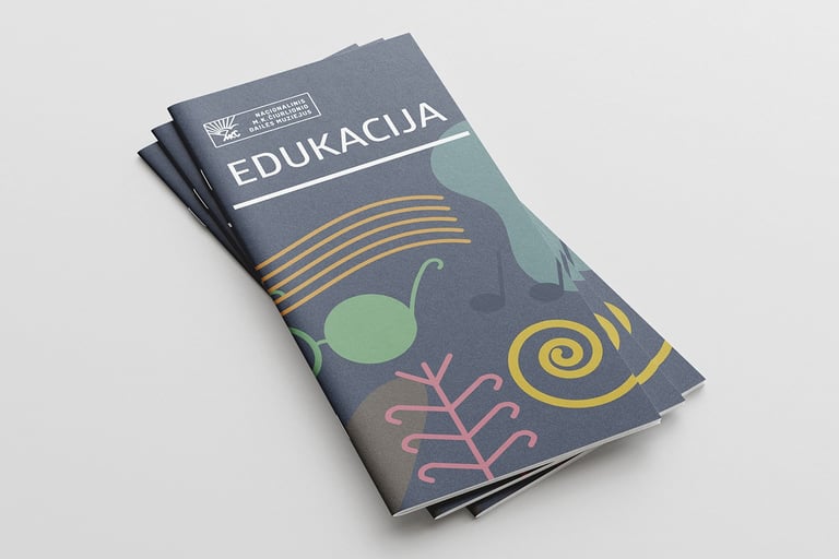 Brochure cover for education. Dark blue, with graphical illustration.