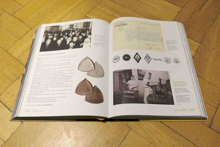 An open book. Text, photos and beer labels. 