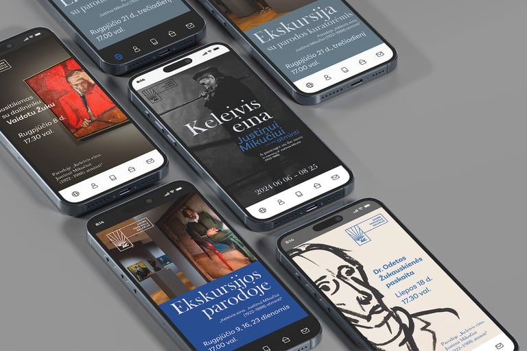 Socialinių tinklų reklamos pavyzdžiai telefonų ekranuose. Naudojamos kūrinių nuotraukos, nuotraukos iš atidarymo. naudojamos