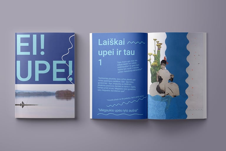 Magazine cover and open pages. On the cover you can see large text: Ei, upe. And a photo: fishermen is fishing in the river.l