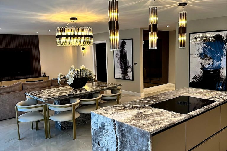 Luxury quartzite kitchen worktops and waterfall island in Dinnington -Ponteland by RH Stone Surfaces